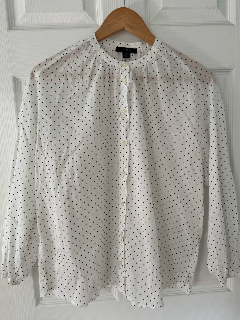J Crew polka dot collarless blouse